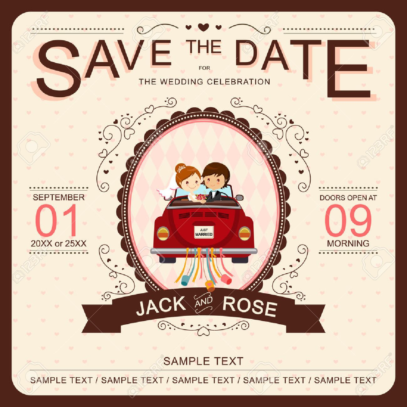 Cute Bride And Groom In Red Car Wedding Invitation Template Royalty for proportions 1300 X 1300