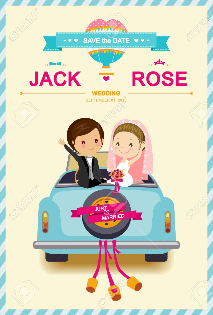 Cute Bride And Groom In Wedding Car Wedding Invitation Template throughout size 882 X 1300