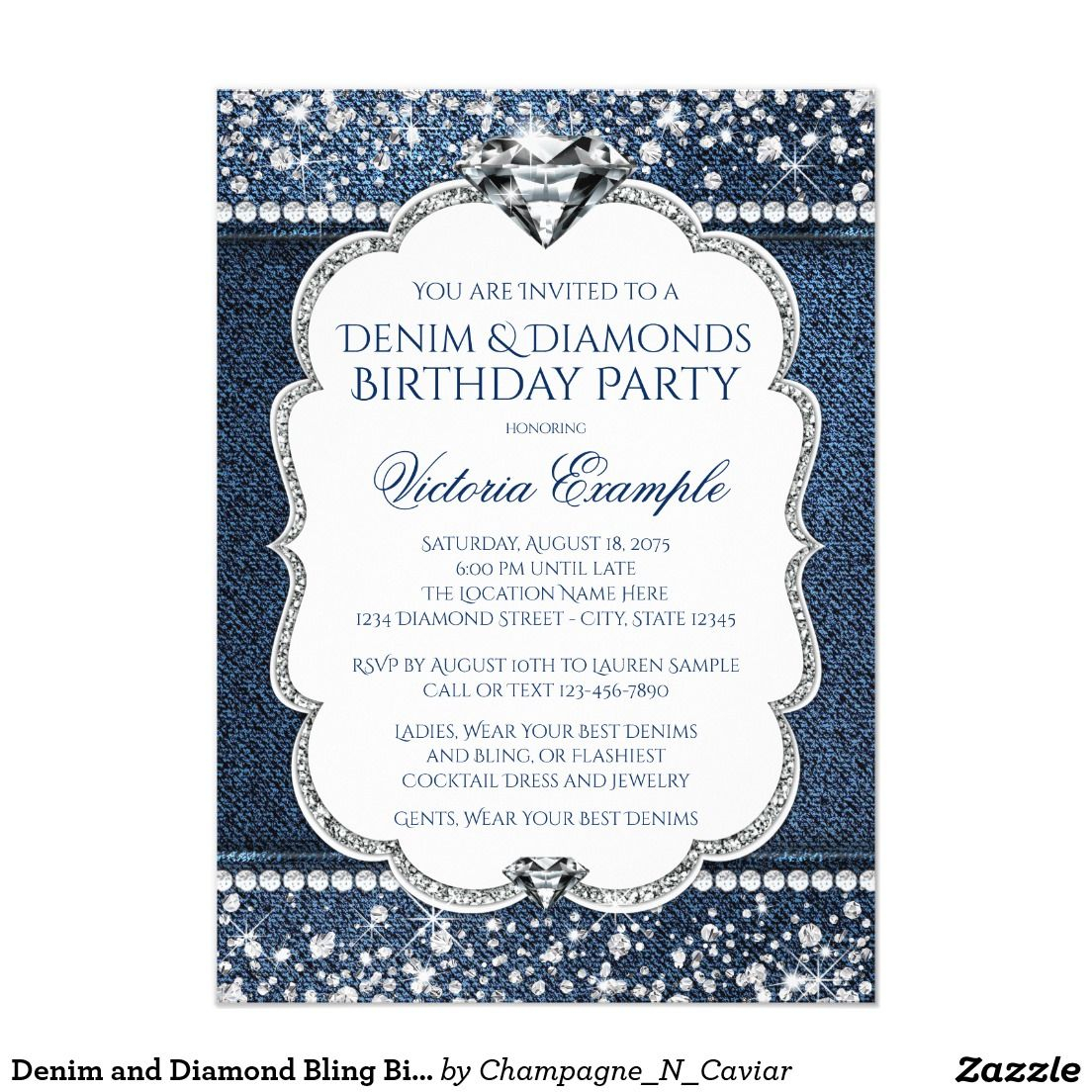 Denim And Diamond Bling Birthday Party Invitations Zazzle in dimensions 1104 X 1104