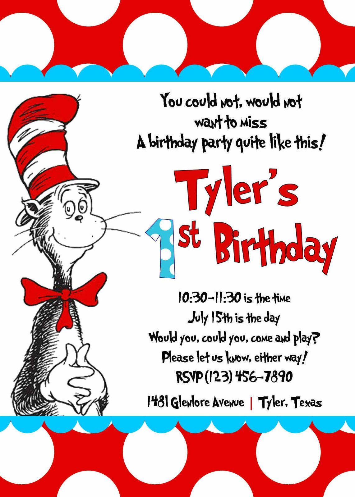 Details About Cat In The Hat Invitations Kids Birthday Party pertaining to proportions 1142 X 1600