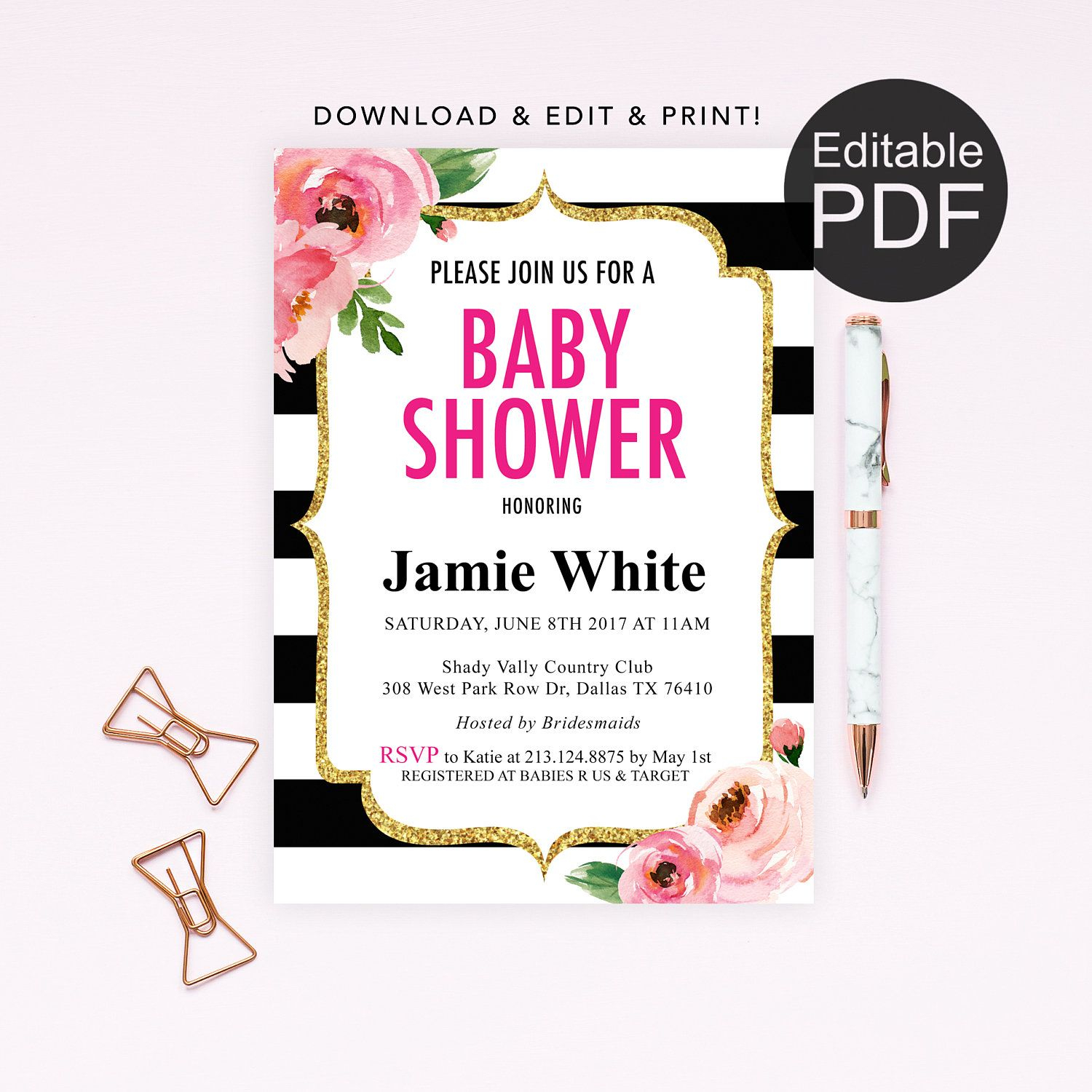 Diy Kate Spade Theme Ba Shower Invitation Template Print Today with regard to measurements 1500 X 1500