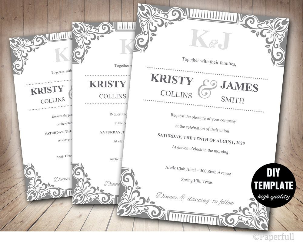 Diy Silver Wedding Invitation Template Instant Download Printable regarding proportions 1000 X 800