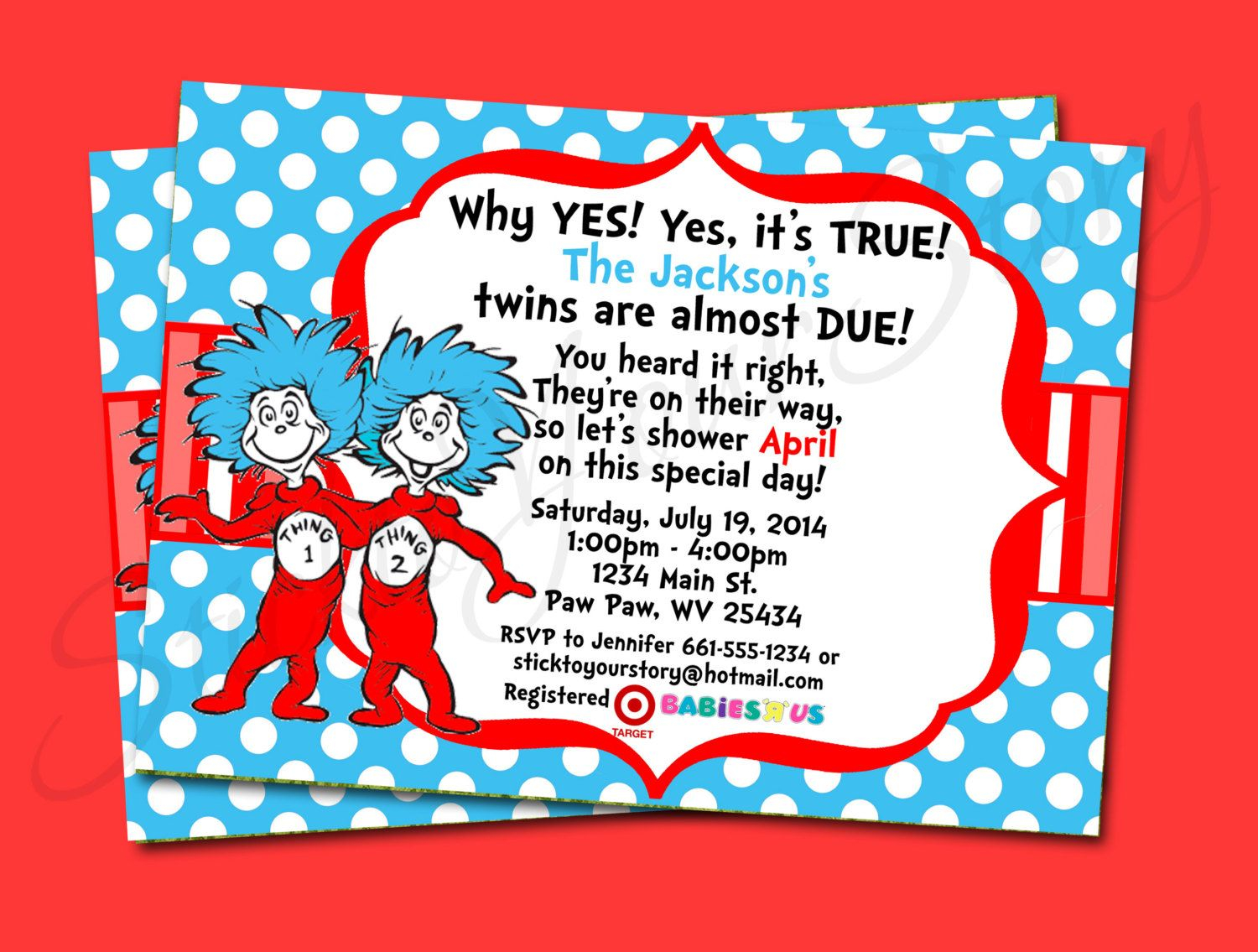 Dr Seuss Thing 1 2 Invitation Ba Shower Printable Party with regard to size 1500 X 1135