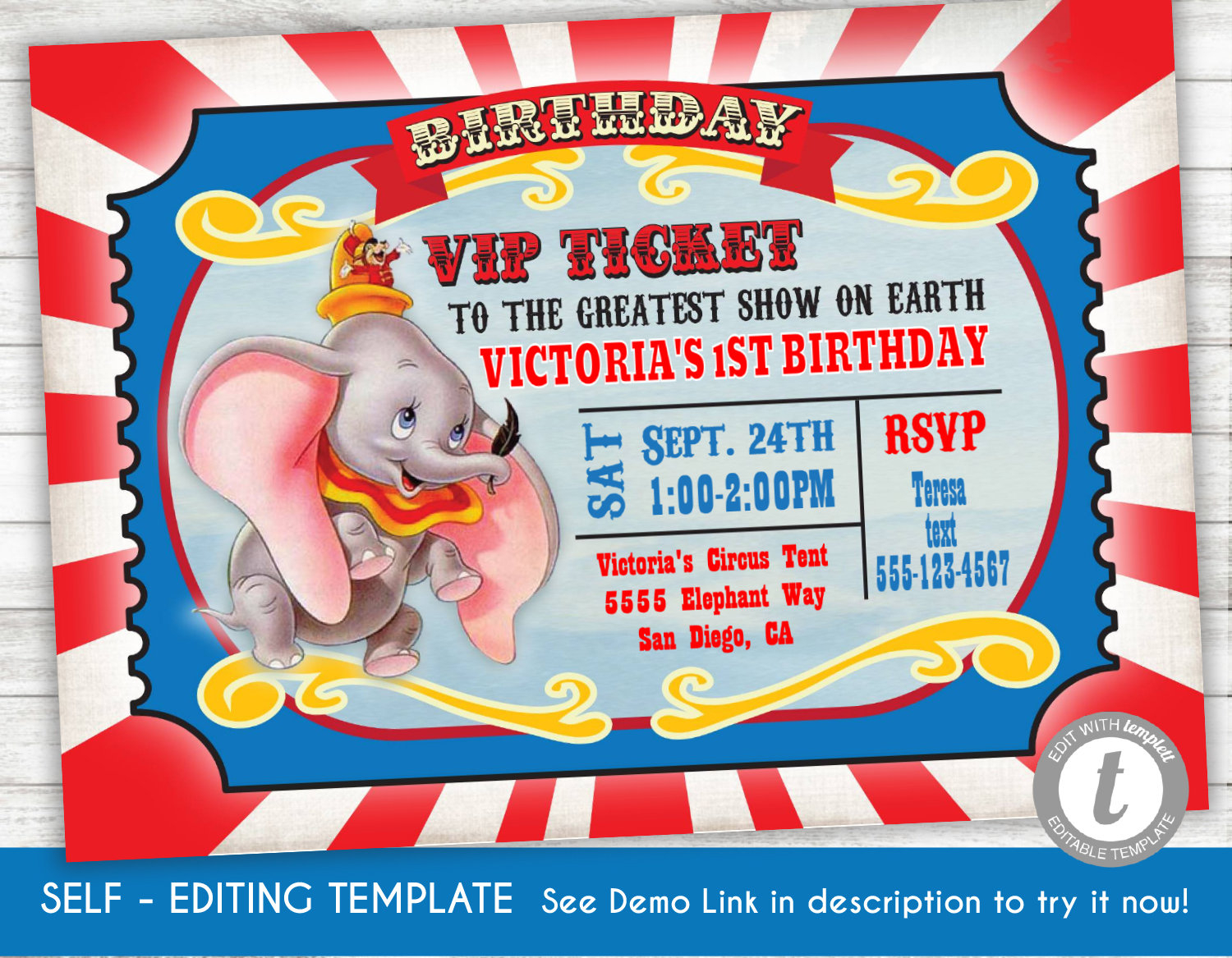 Dumbo Birthday Invitation Template Printable Invite Instant Etsy intended for size 1500 X 1167