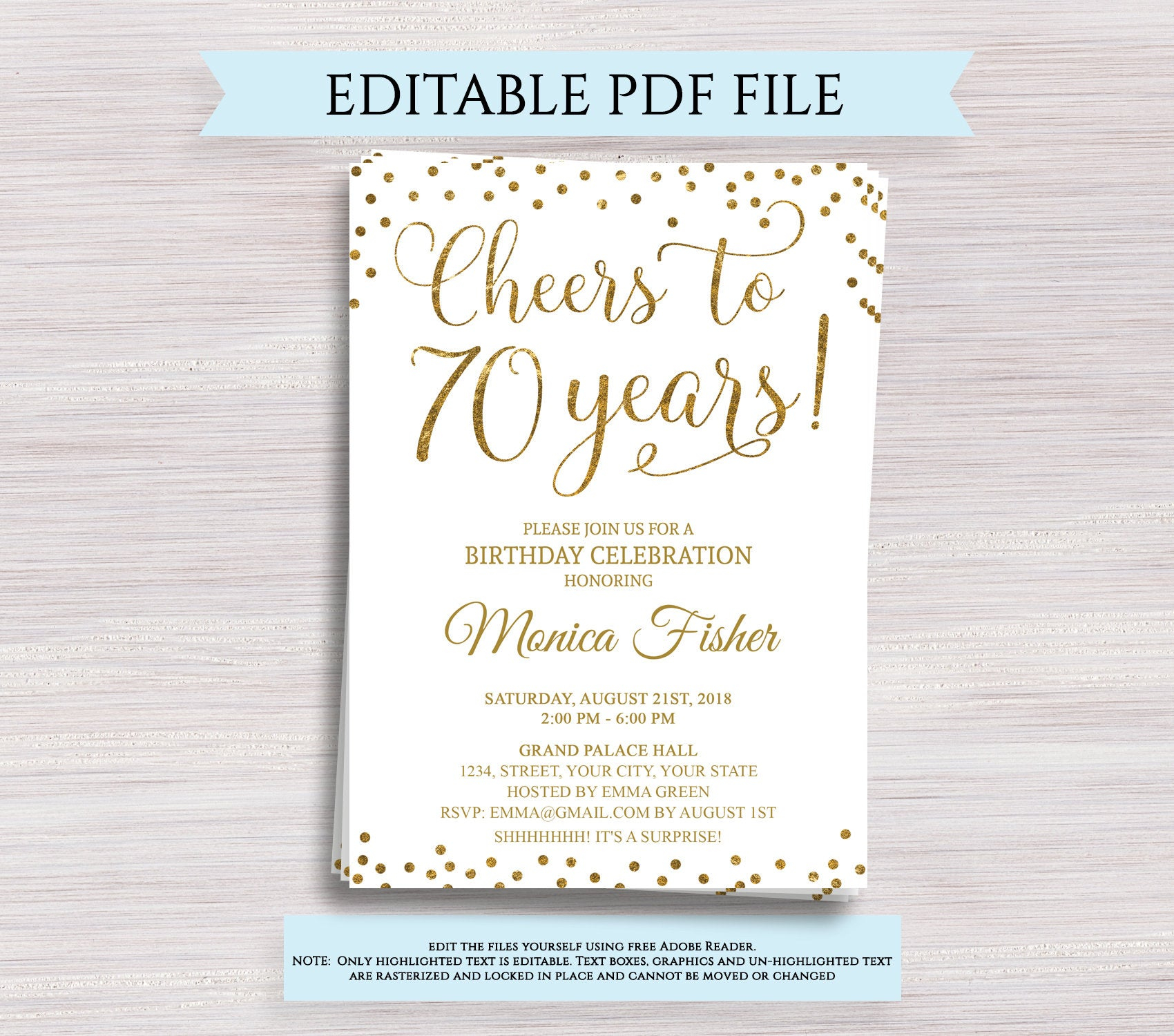 Editable 70th Birthday Party Invitation Template Cheers To 70 Years 70th Anniversary Invitation Gold Birthday Invite Digital Printable Pdf for measurements 1700 X 1500