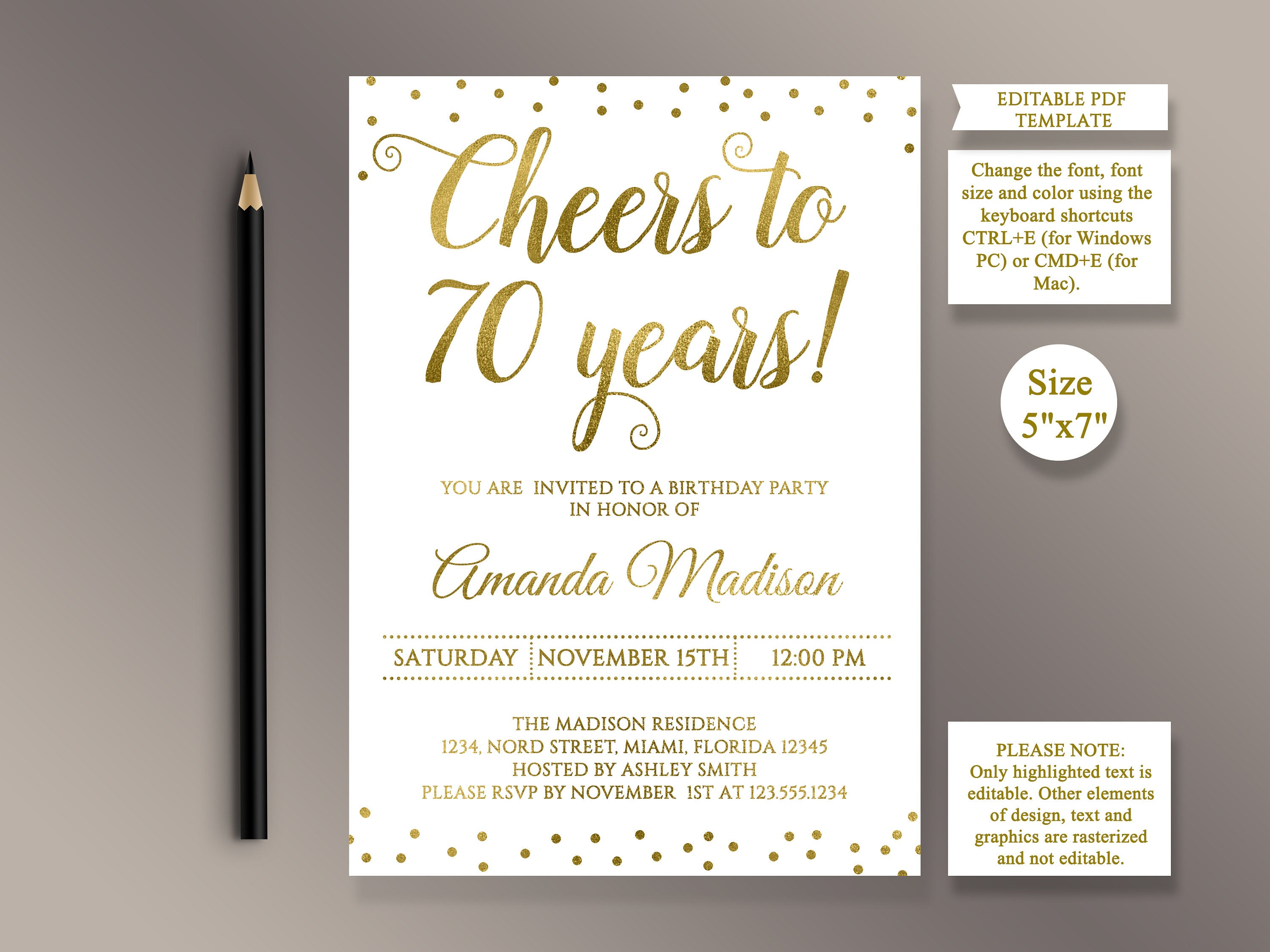 Editable 70th Birthday Party Invitation Template Cheers To 70 Years 70th Anniversary Invitation Gold Birthday Invite Digital Printable Pdf pertaining to sizing 3000 X 2250