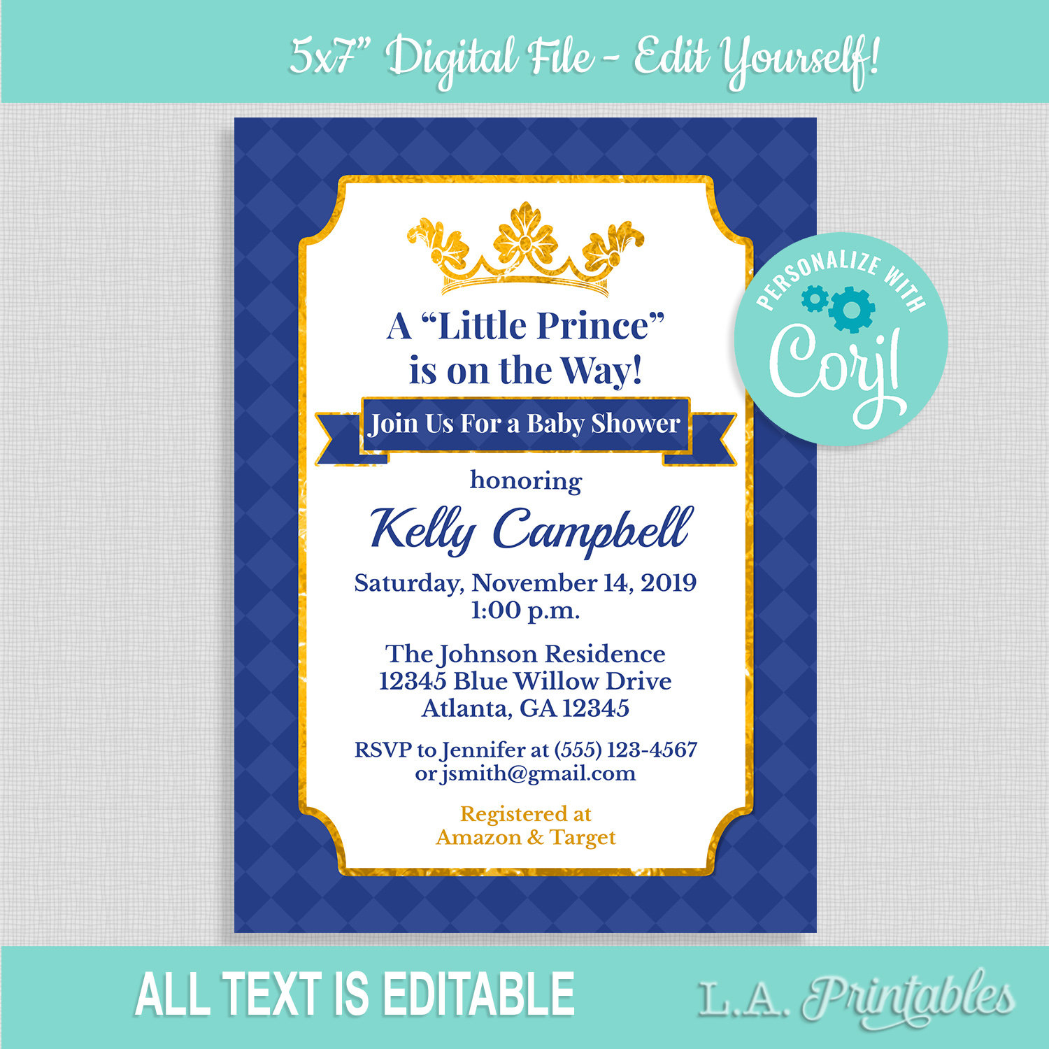 Editable Ba Shower Invitation Template Royal Blue Gold Etsy throughout proportions 1500 X 1500