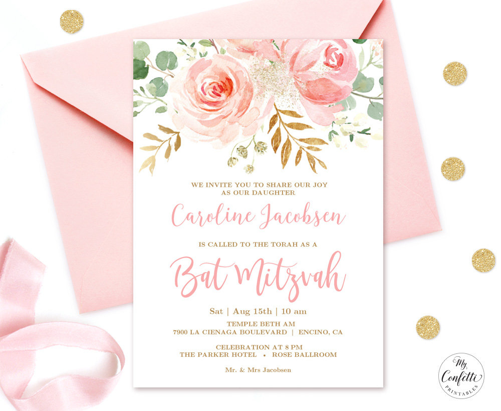 Editable Blush Pink Floral Bat Mitzvah Invitation Printable Etsy inside size 1000 X 820