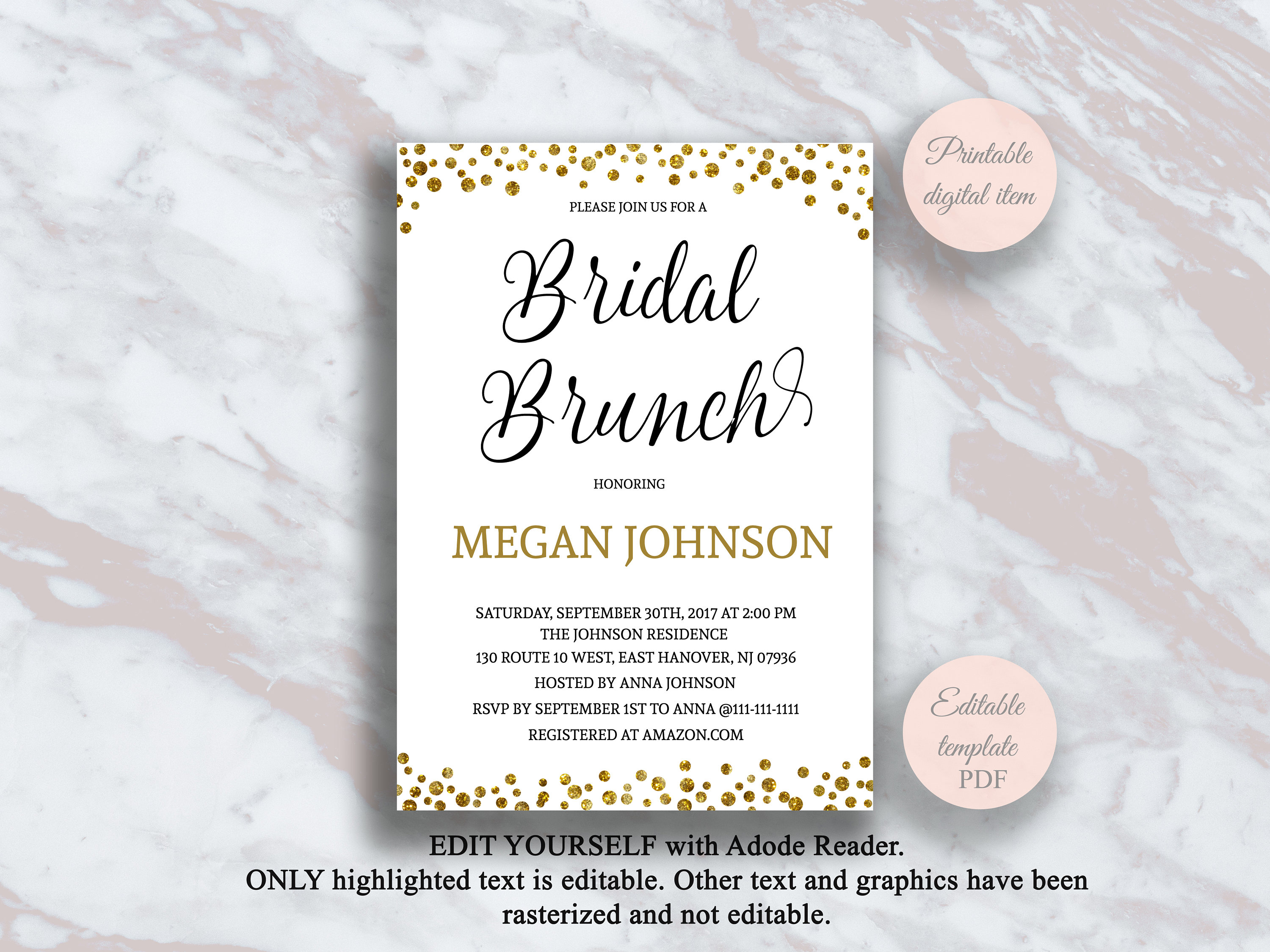 Editable Bridal Shower Brunch Invitation Template Gold Bridal Brunch Invitations Bridal Shower Invite Digital Download Invites Pdf S3br throughout dimensions 3000 X 2250