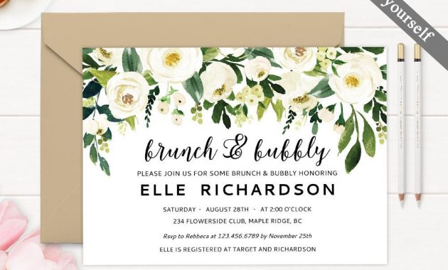 Editable Brunch And Bubbly Invitation Printable Greenery White inside size 1000 X 800