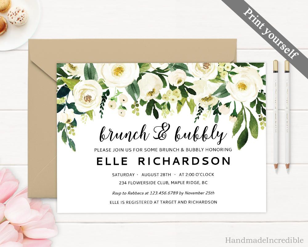 Editable Brunch And Bubbly Invitation Printable Greenery White inside size 1000 X 800