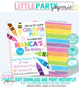 Editable Crayon Art Party Birthday Invitation Template For Etsy for sizing 2700 X 3000