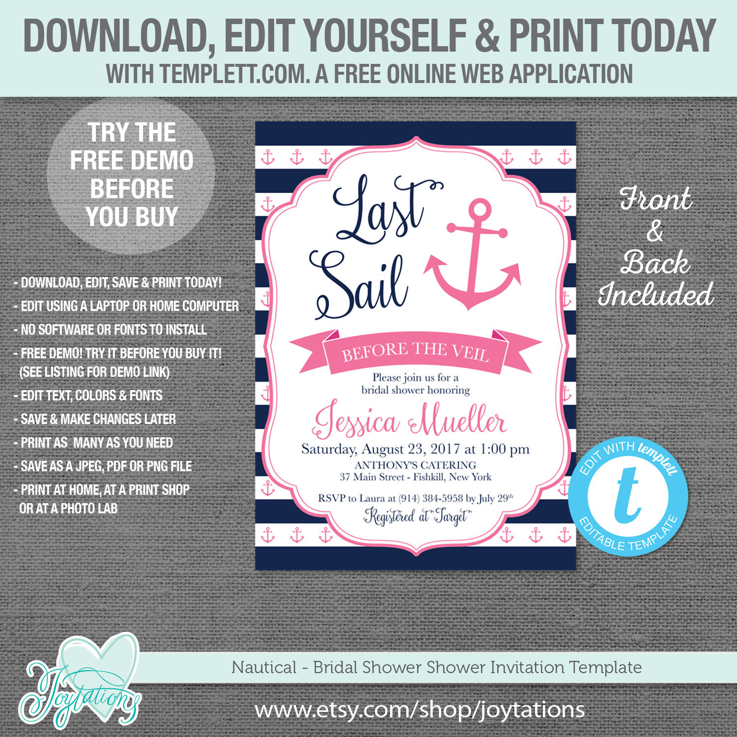 Editable Nautical Bridal Shower Invitation Template Navy And Etsy with regard to size 1500 X 1500