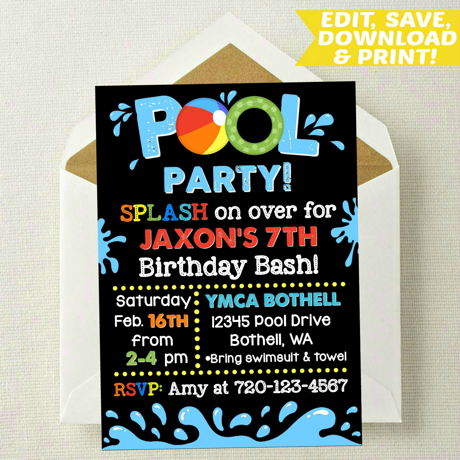 Editable Pool Party Invitation Pool Party Birthday Invitation Pool Invitation Pool Invite Template Download Splish Splash 4x6 5x7 within dimensions 1500 X 1500