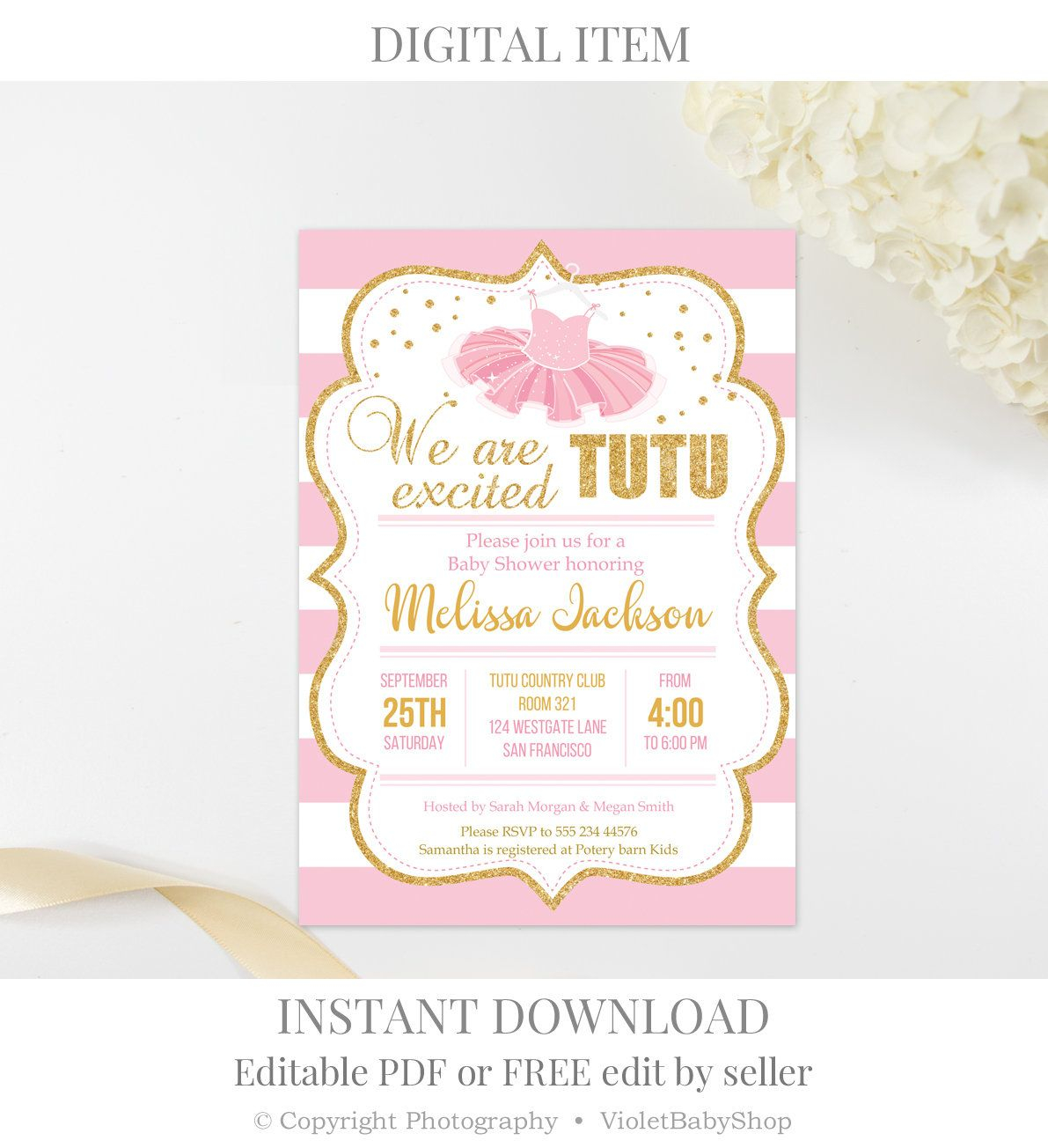 Editable Tutu Excited Ba Shower Invitation Set Printable Girl throughout dimensions 1191 X 1304