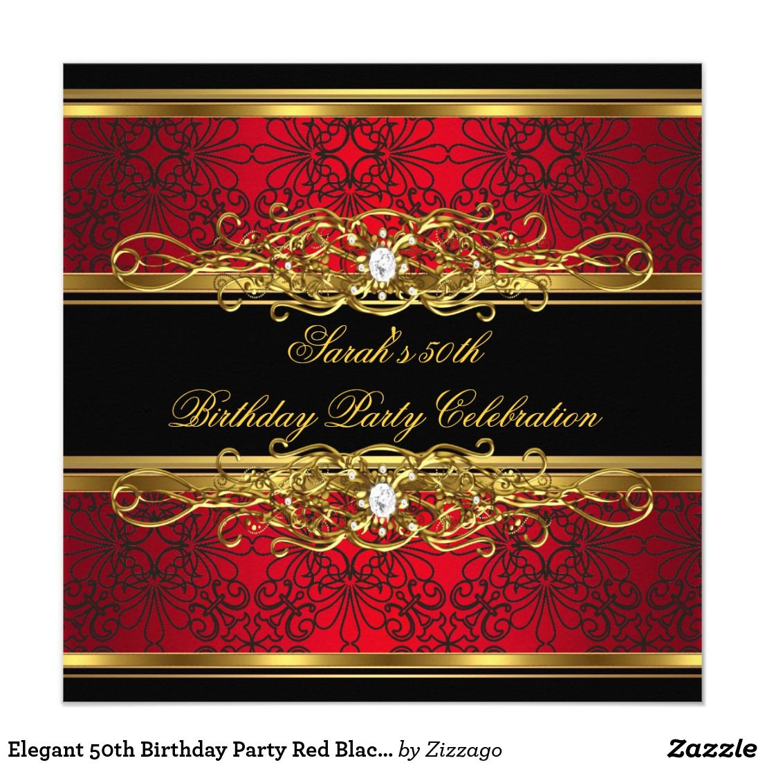 Elegant 50th Birthday Party Red Black Gold Damask Invitation within dimensions 1106 X 1106