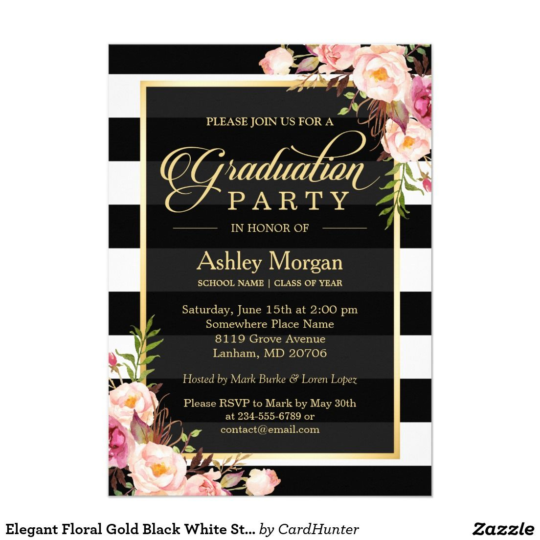 Elegant Floral Gold Black White Stripes Graduation Invitation pertaining to dimensions 1104 X 1104