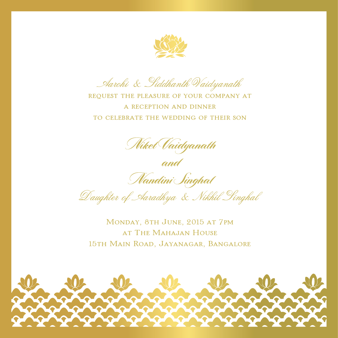 Elegant Gold Border And Motifs On Indian Reception Invitation Cards intended for sizing 1163 X 1163