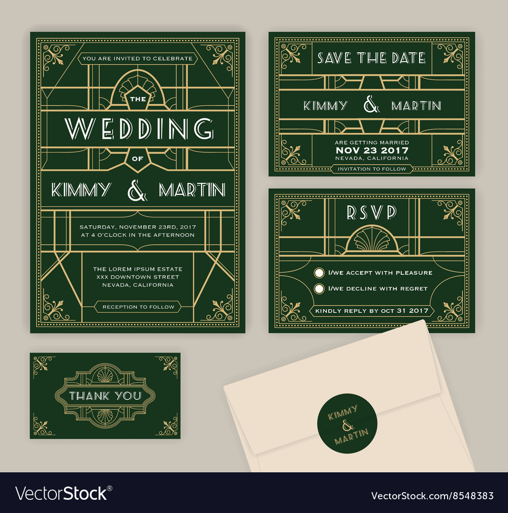 Emerald Green Art Deco Wedding Invitation Template inside proportions 1000 X 1009