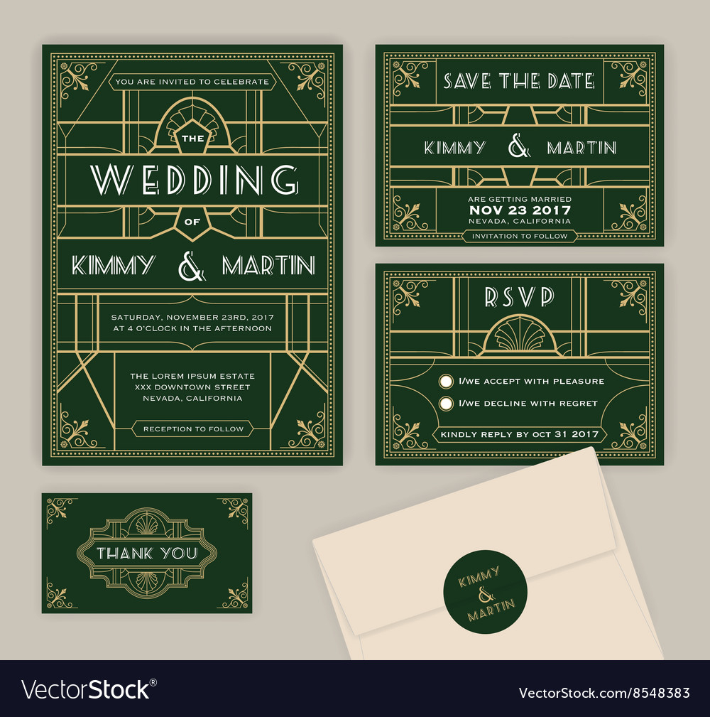 Emerald Green Art Deco Wedding Invitation Template with regard to dimensions 1000 X 1009