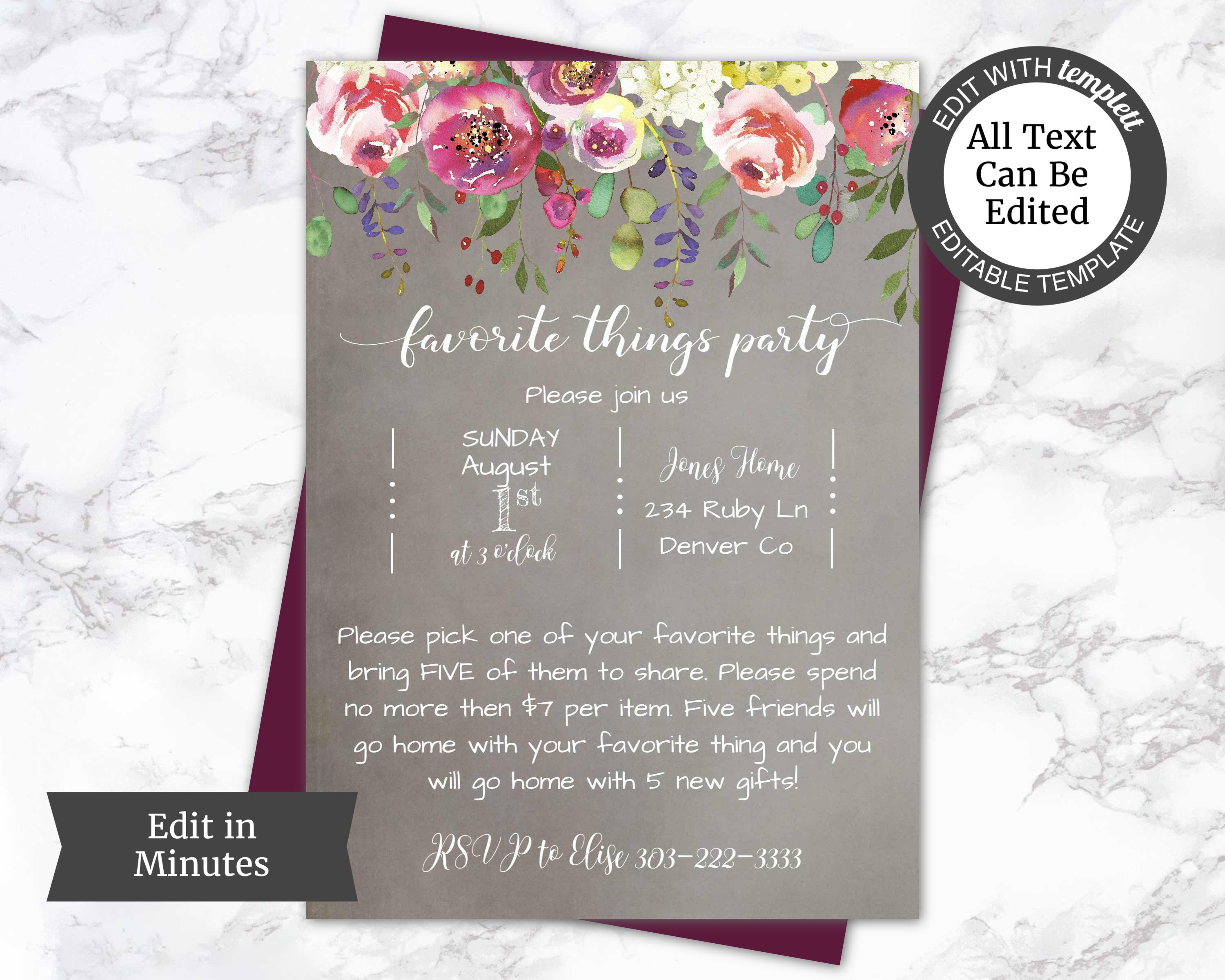 Favorite Things Party Printable Invitation Floral Party Invite Floral Girls Nights Party Invitation within dimensions 3000 X 2400