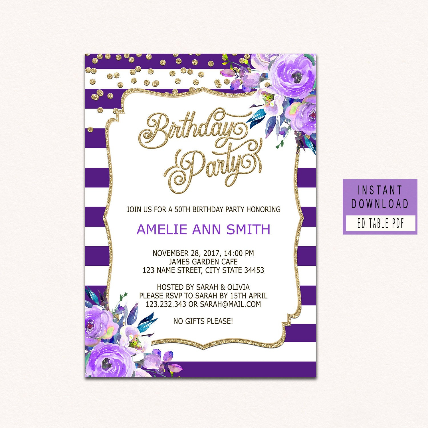 Floral Purple Birthday Invitations For Women Adult Birthday Etsy in measurements 1500 X 1500