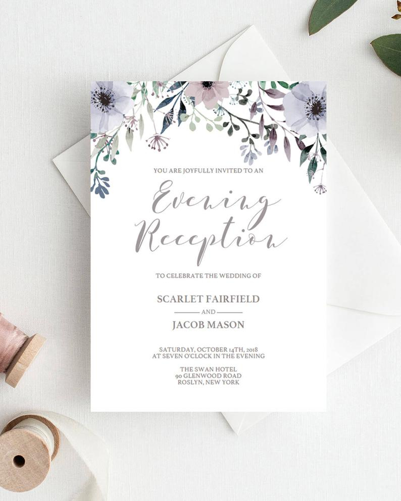 Floral Wedding Evening Invites Template Purple Flower Editable Etsy within measurements 794 X 992