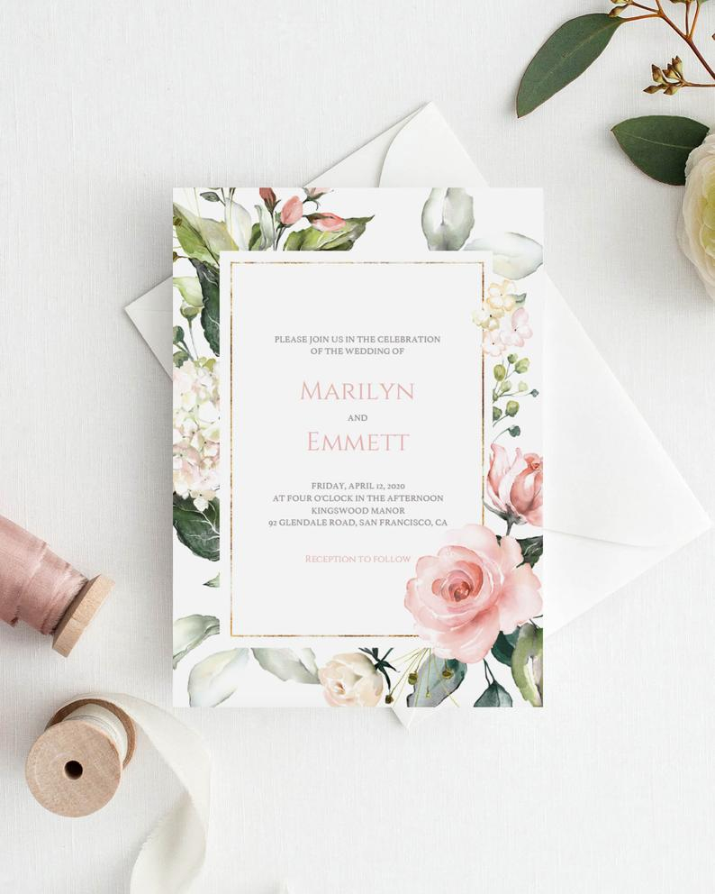 Floral Wedding Invitation Cards Template Watercolor Wedding Etsy inside measurements 794 X 993