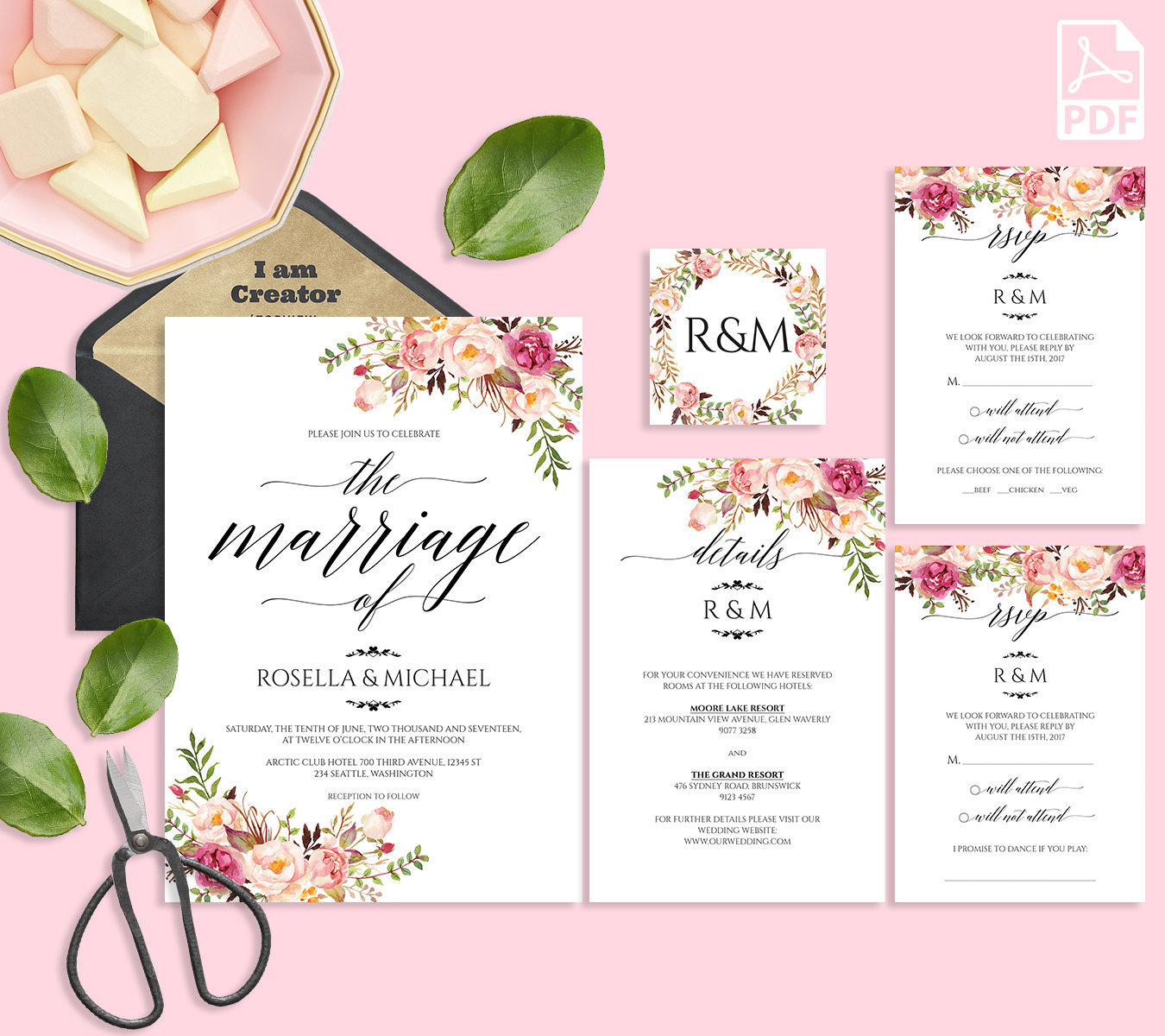 Floral Wedding Invitation Suite Template Printable Diy Wedding Invitation Kit 5x7 Script Font Invitation Digital Download Editable Pdf with regard to size 1350 X 1200