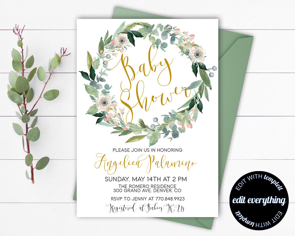 Floral Wreath Ba Shower Invitation Template Watercolor Etsy for sizing 1000 X 800