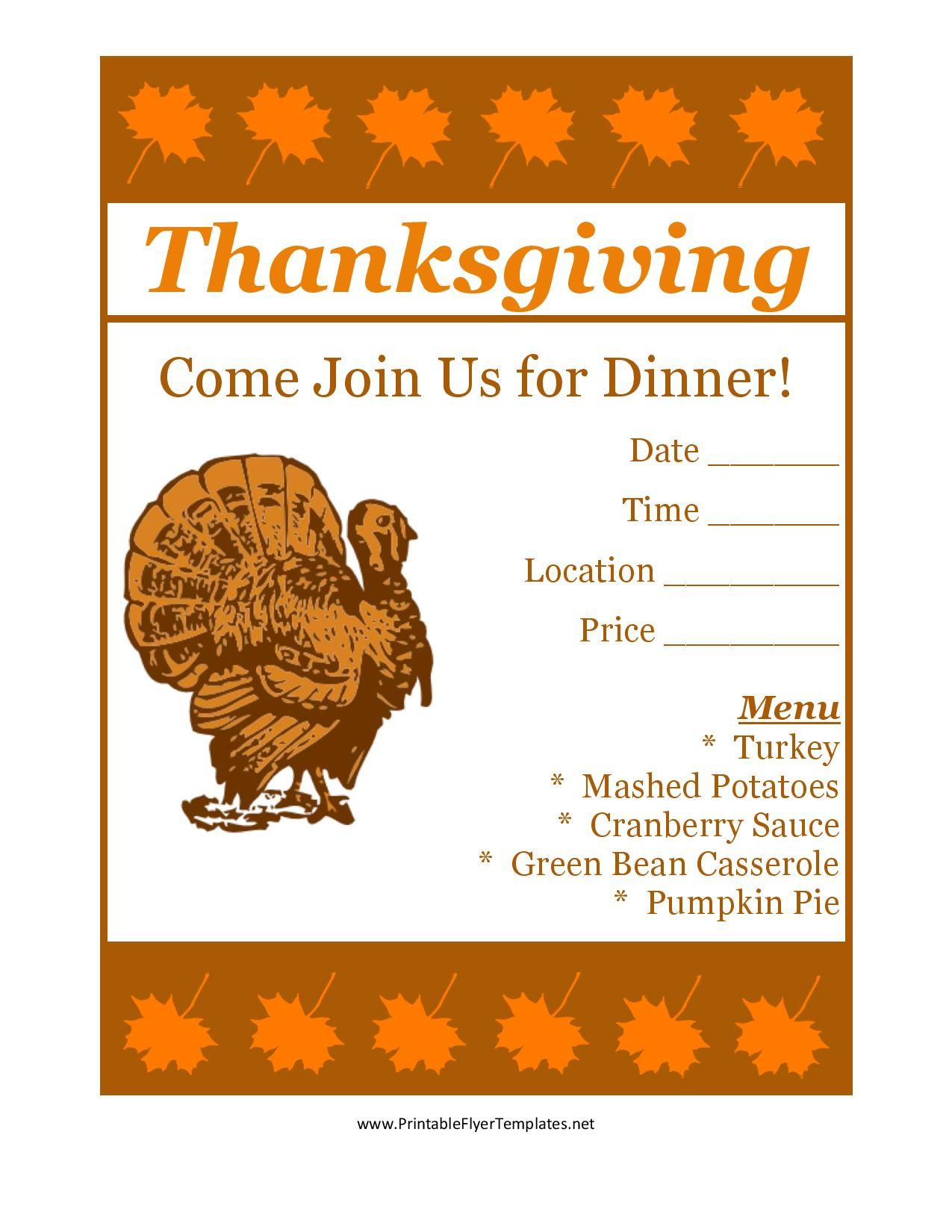Free Printable Thanksgiving Flyer Invintation Template Holidays for dimensions 1275 X 1650