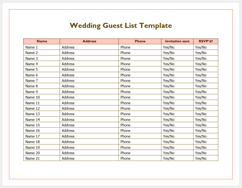 Free Printable Wedding Guest List Template 3252 in measurements 1018 X 790