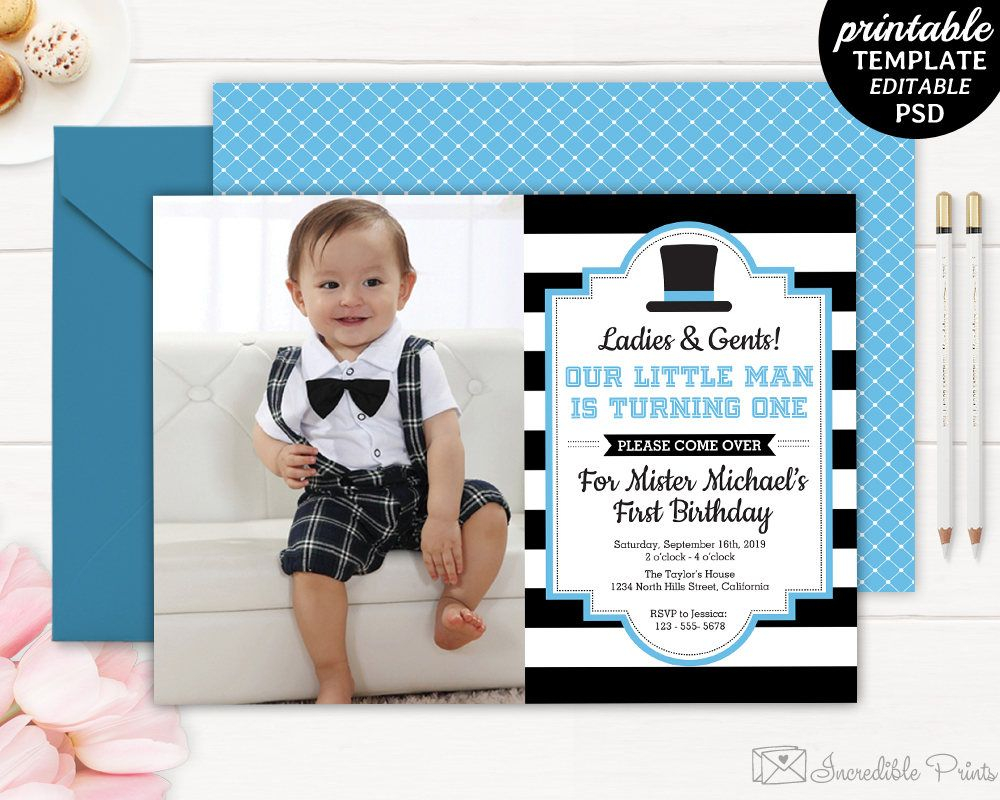 Gentleman Birthday Invitation Boy First Birthday Invite Bd19 In intended for proportions 1000 X 800