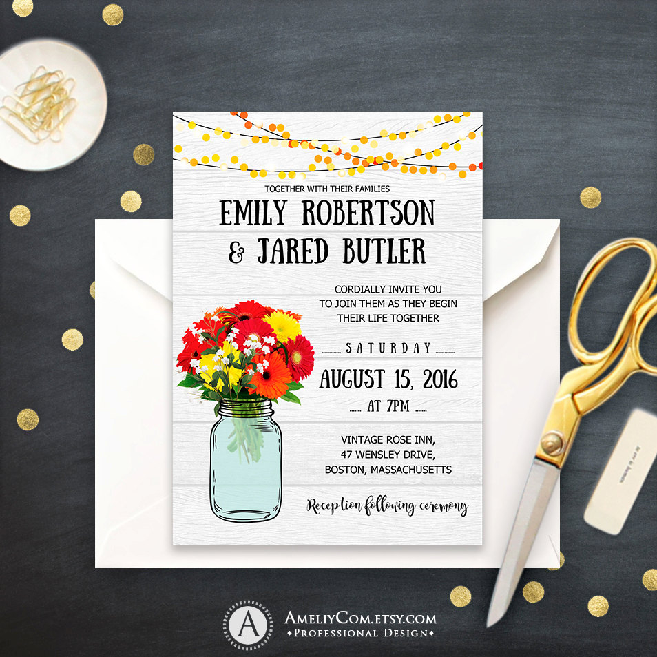 Gerbera Wedding Invitations Mason Jar Gerbera Daisy Rustic Etsy for size 954 X 954