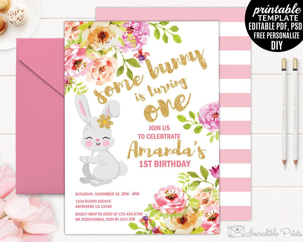 Girl Birthday Invitation Template Printable Bunny Birthday for sizing 1000 X 800