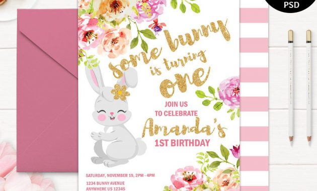 Girl Birthday Invitation Template Printable Bunny Blush Pink Floral throughout proportions 1000 X 800