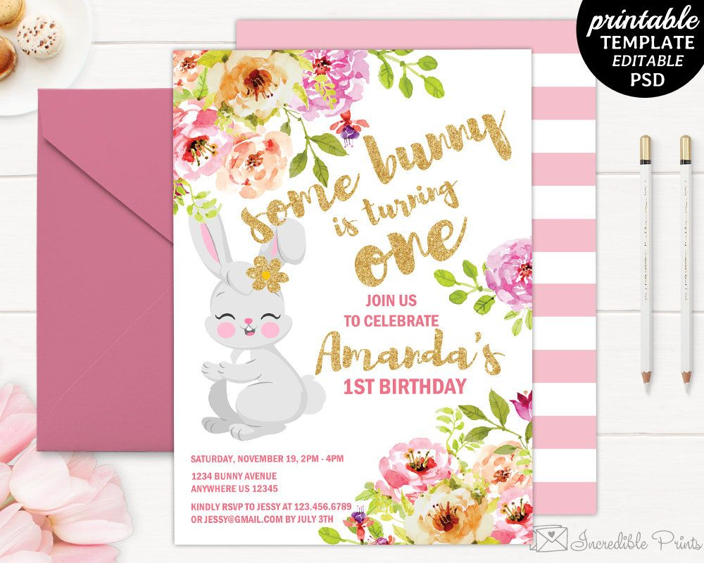 Girl Birthday Invitation Template Printable Bunny Blush Pink Floral throughout proportions 1000 X 800