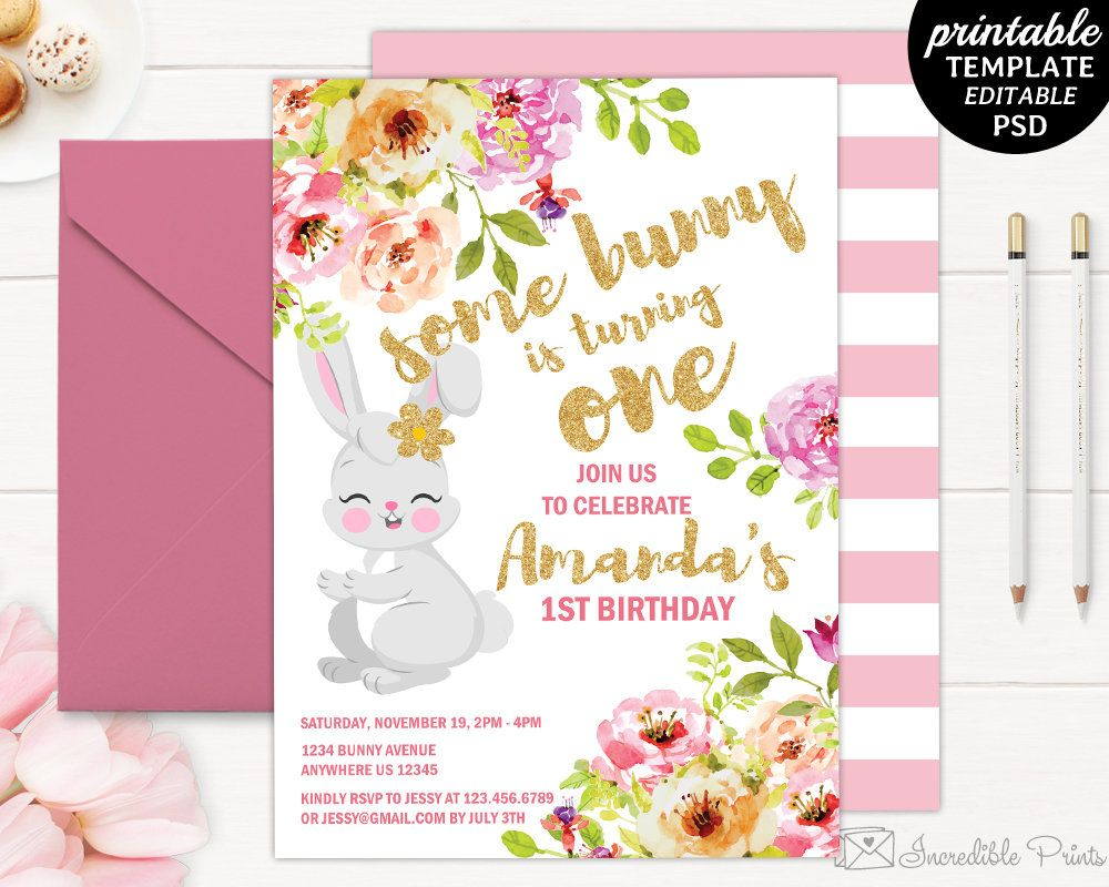 Girl Birthday Invitation Template Printable Bunny Blush Pink Floral with regard to proportions 1000 X 800