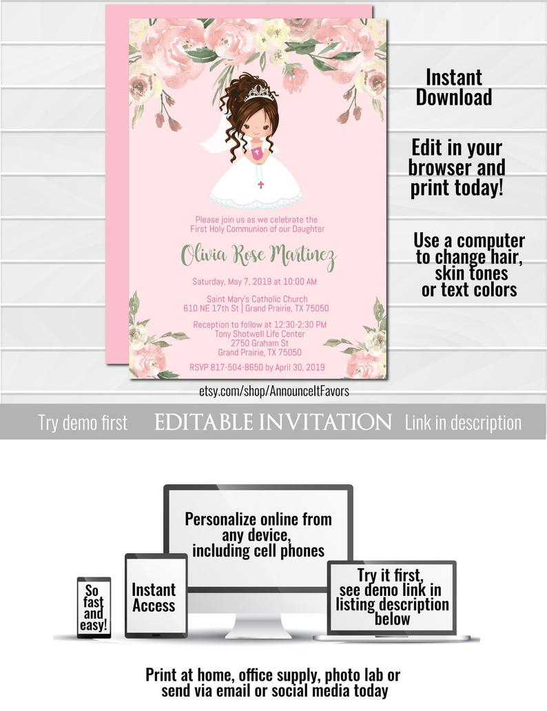 Girl First Communion Invitation Template First Communion Etsy regarding measurements 794 X 1032