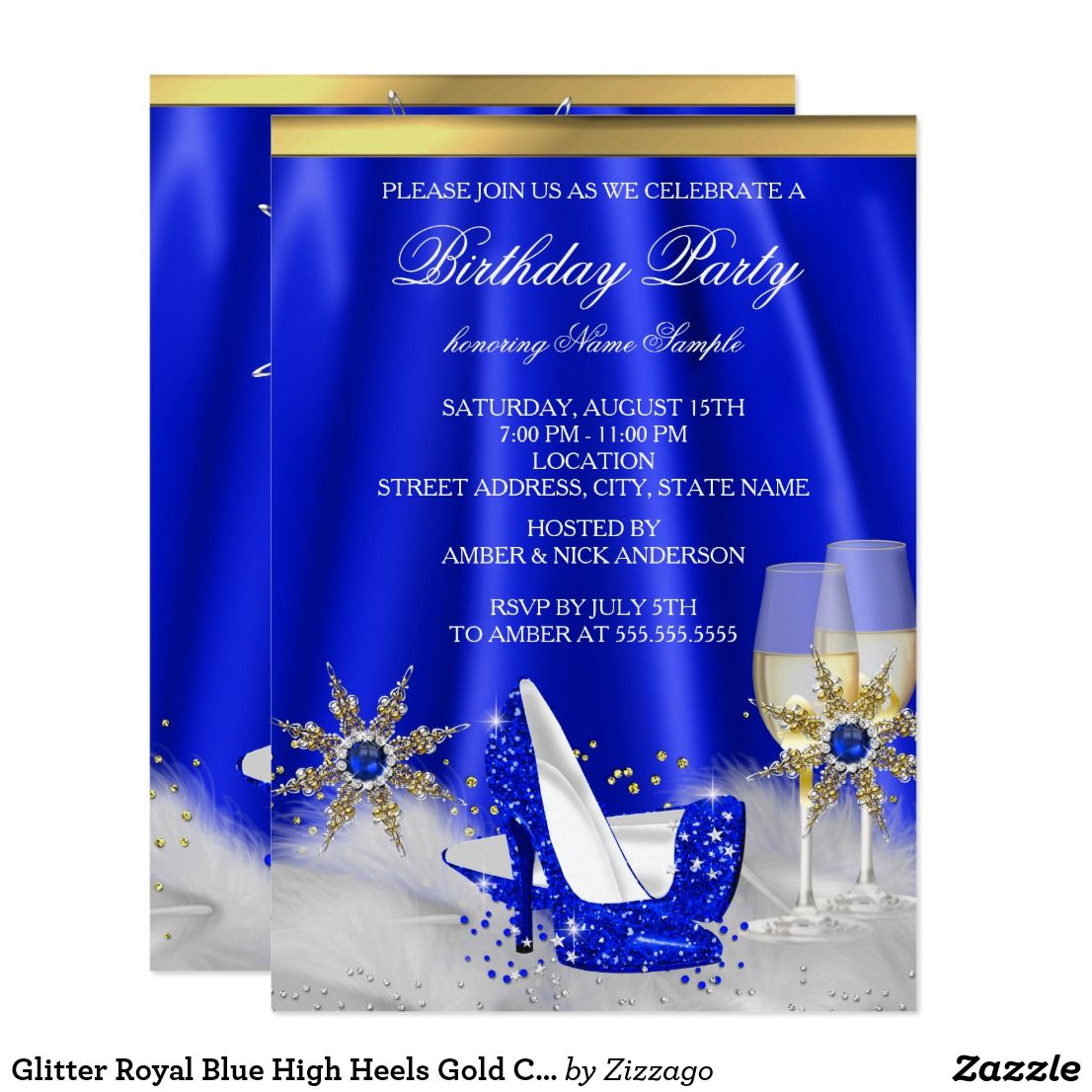 Glitter Royal Blue High Heels Gold Champagne Party Invitation for dimensions 1106 X 1106