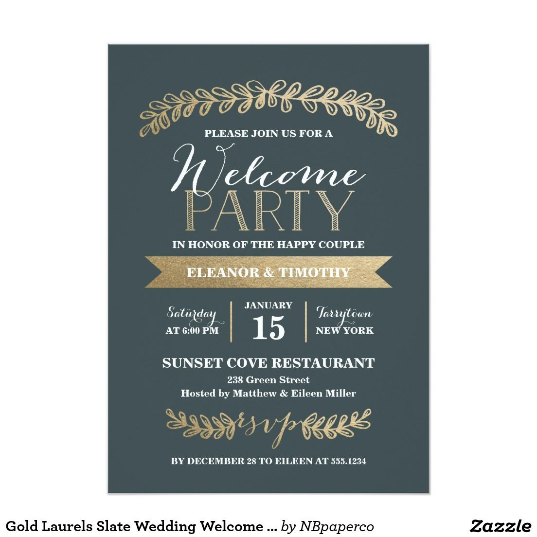 Gold Laurels Slate Wedding Welcome Party Invite Zazzle Gold regarding measurements 1104 X 1104