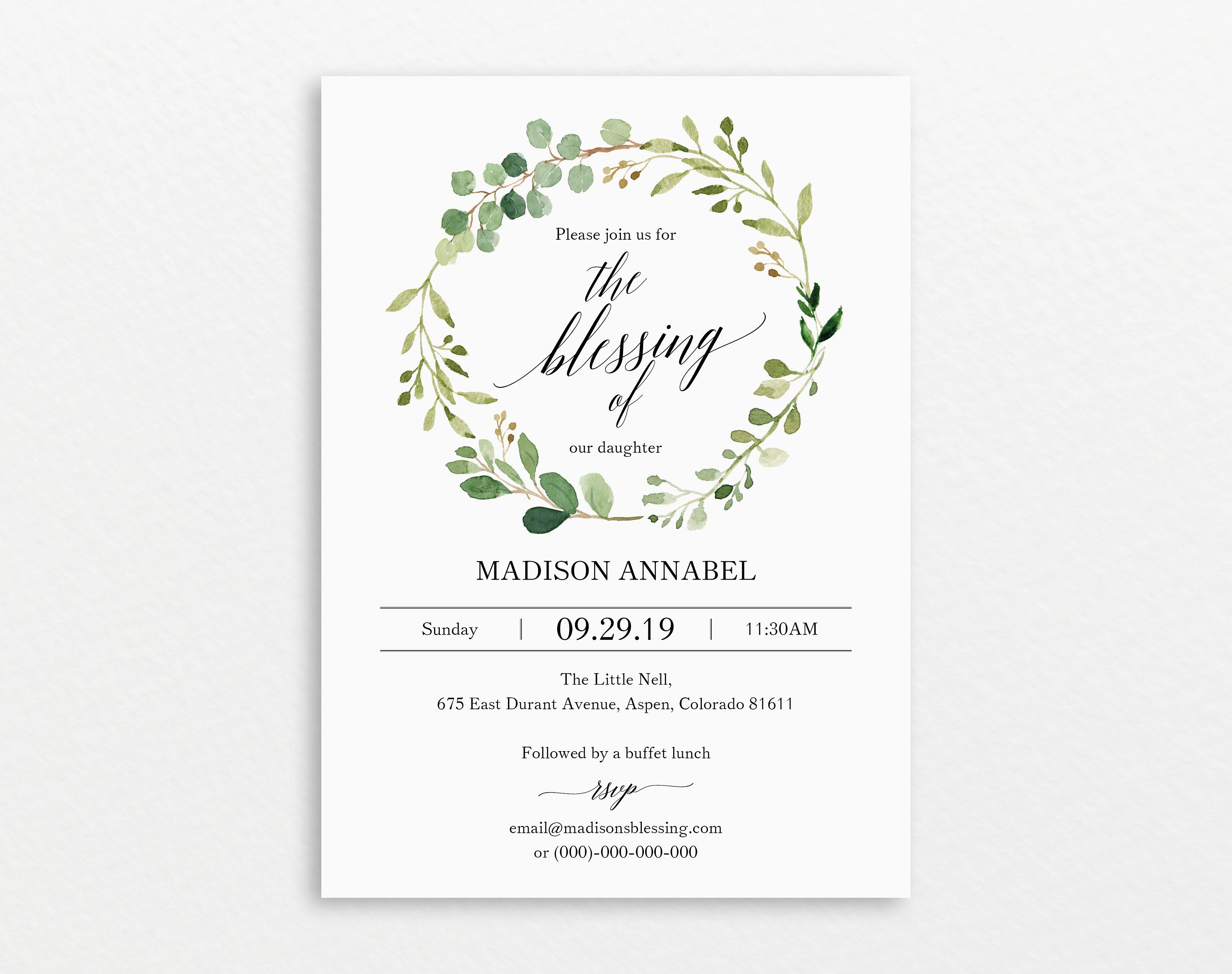 Greenery Blessing Invitation Template Printable Blessing Invitation with dimensions 3000 X 2373