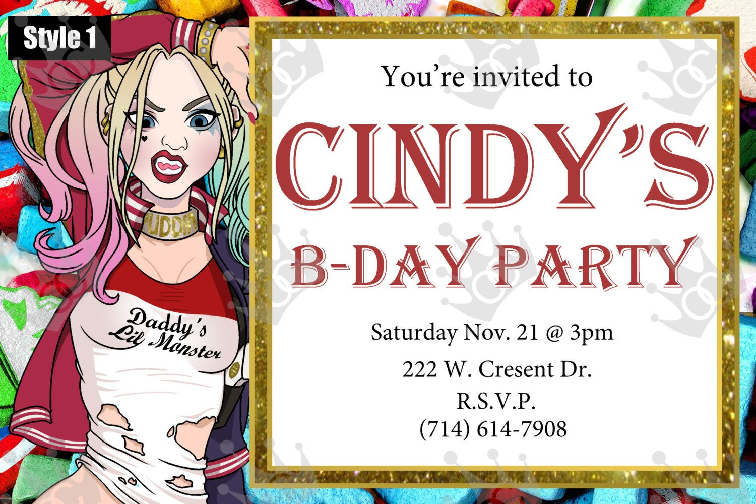 Harley Quinn Custom Digital Printable Birthday Party Invite Template within proportions 1500 X 1000