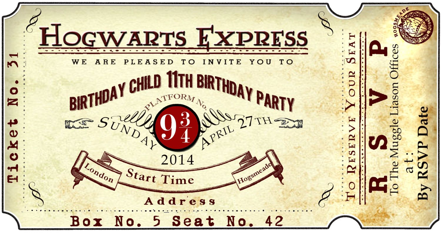 Harry Potter Platform 9 34 Train Ticket Birthday Party Invite intended for sizing 1500 X 794