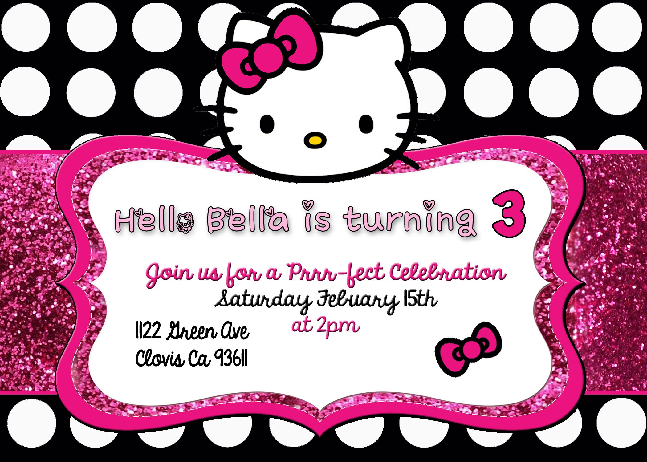 Hello Kitty Birthday Party Invitation Invite Pink Black White Polka in measurements 2100 X 1500