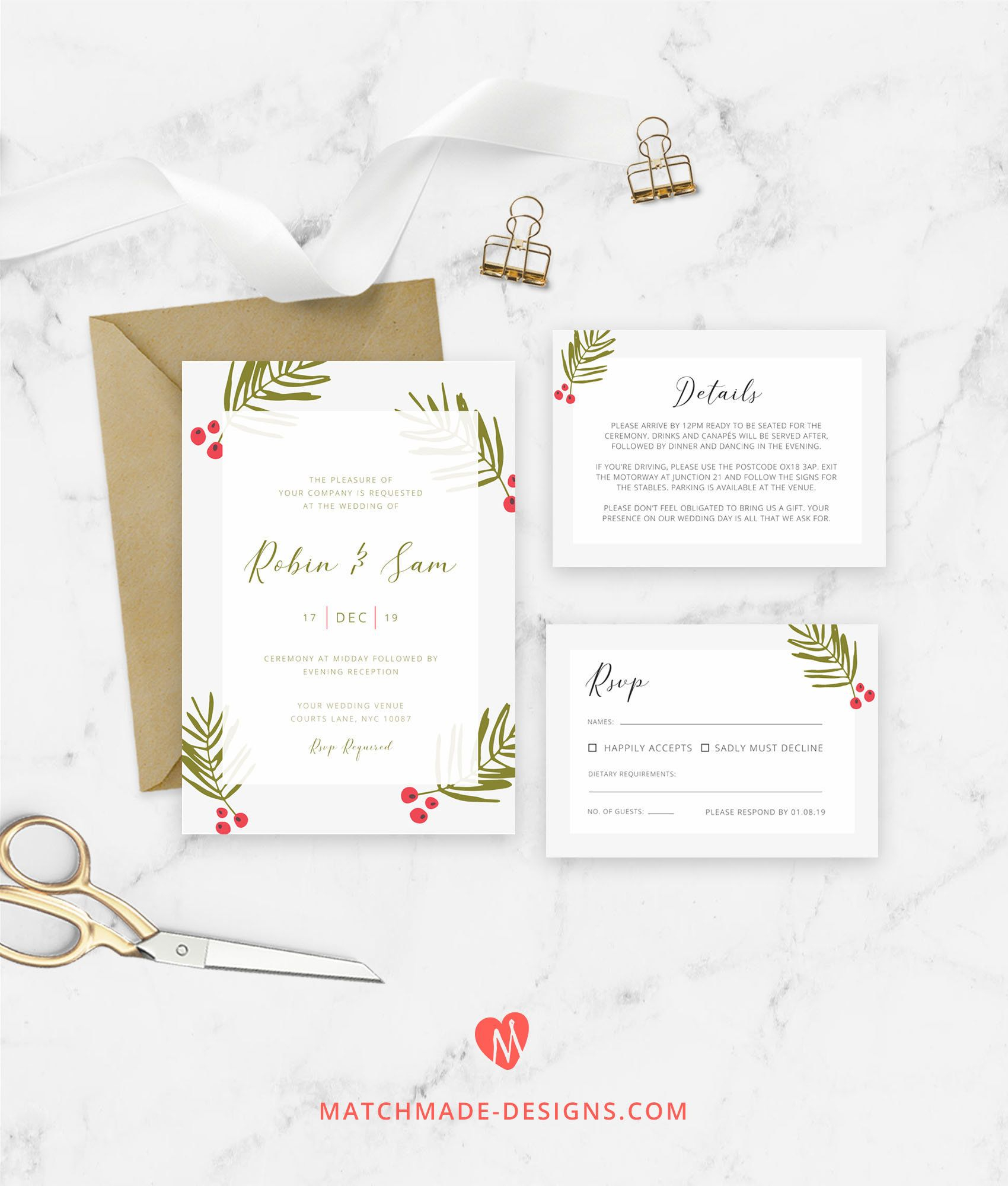 Holly Wedding Invitation Template Christmas Wedding Print Your Own pertaining to sizing 1700 X 2000