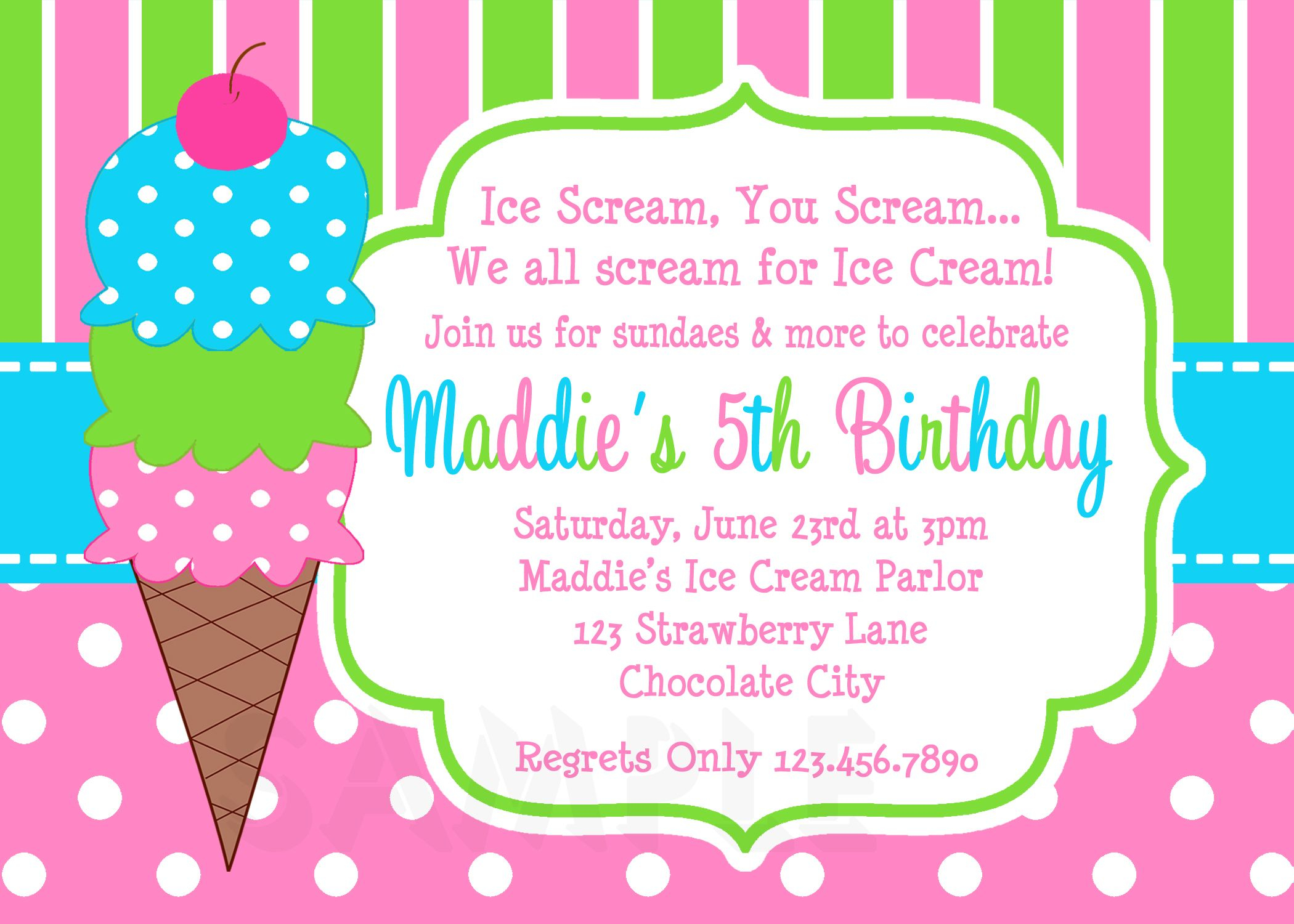 Ice Cream Birthday Party Invitations Pink Green In 2019 Party intended for proportions 2100 X 1500