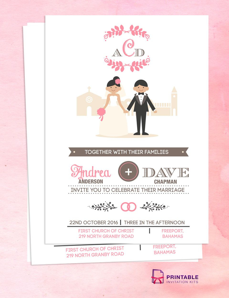 Illustrated Couple In Front Of Church Wedding Invitation Template intended for sizing 960 X 1250