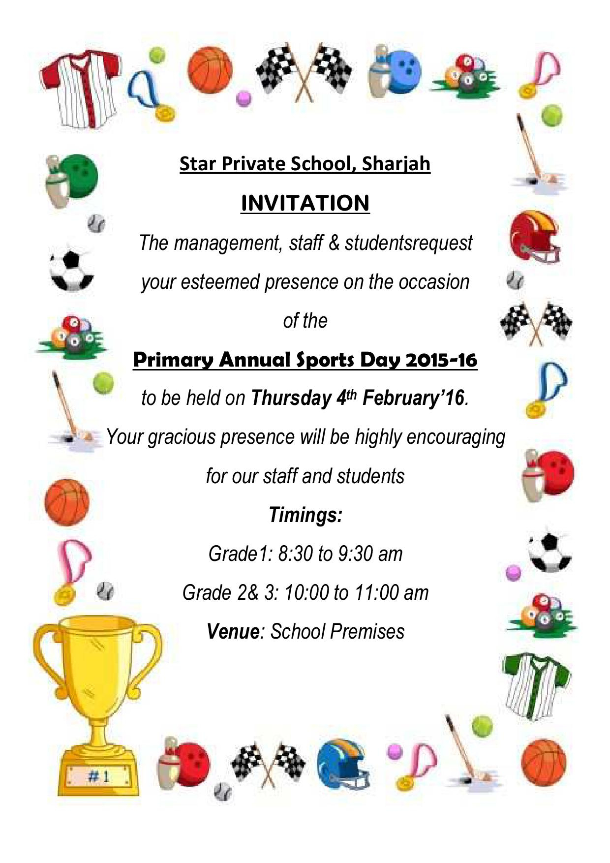 Invitation For Annual Sports Day Grade 1 2 3 Star Private School for measurements 1240 X 1754