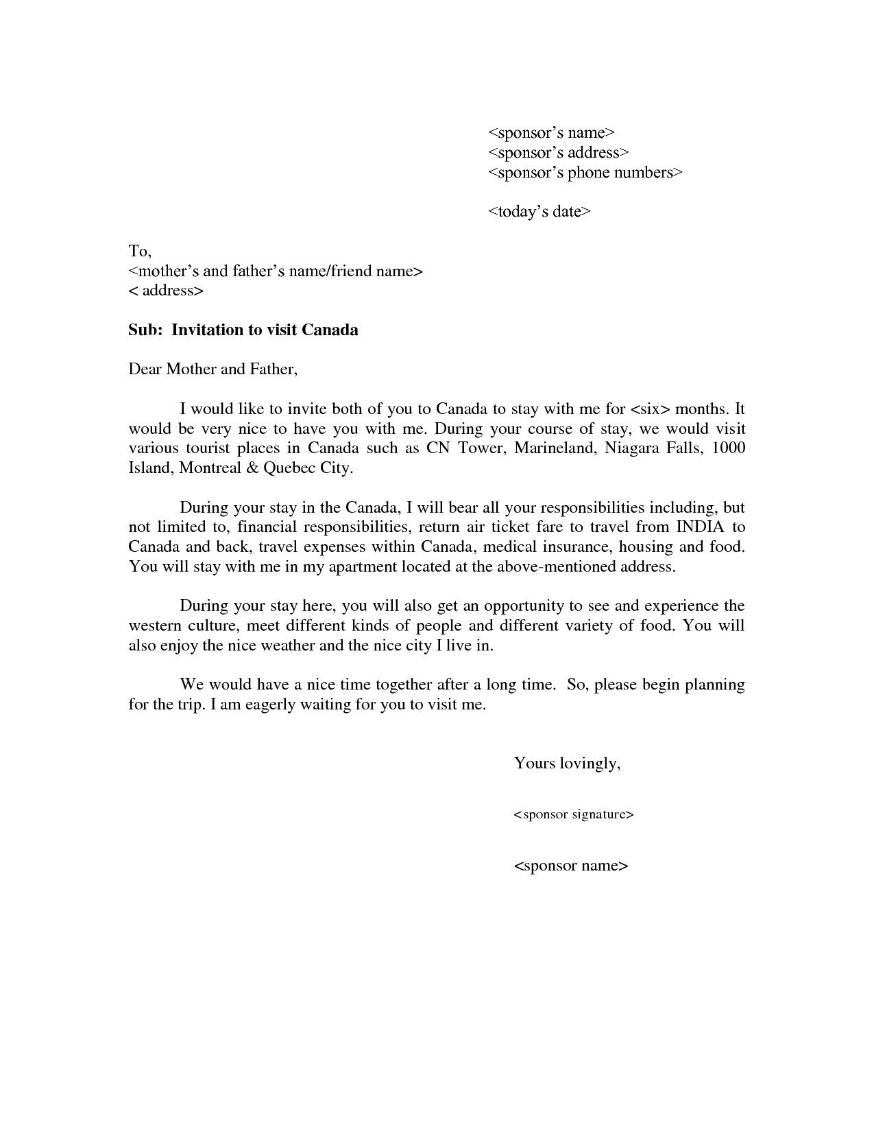 sample invitation letter for canada visitor visa for brother